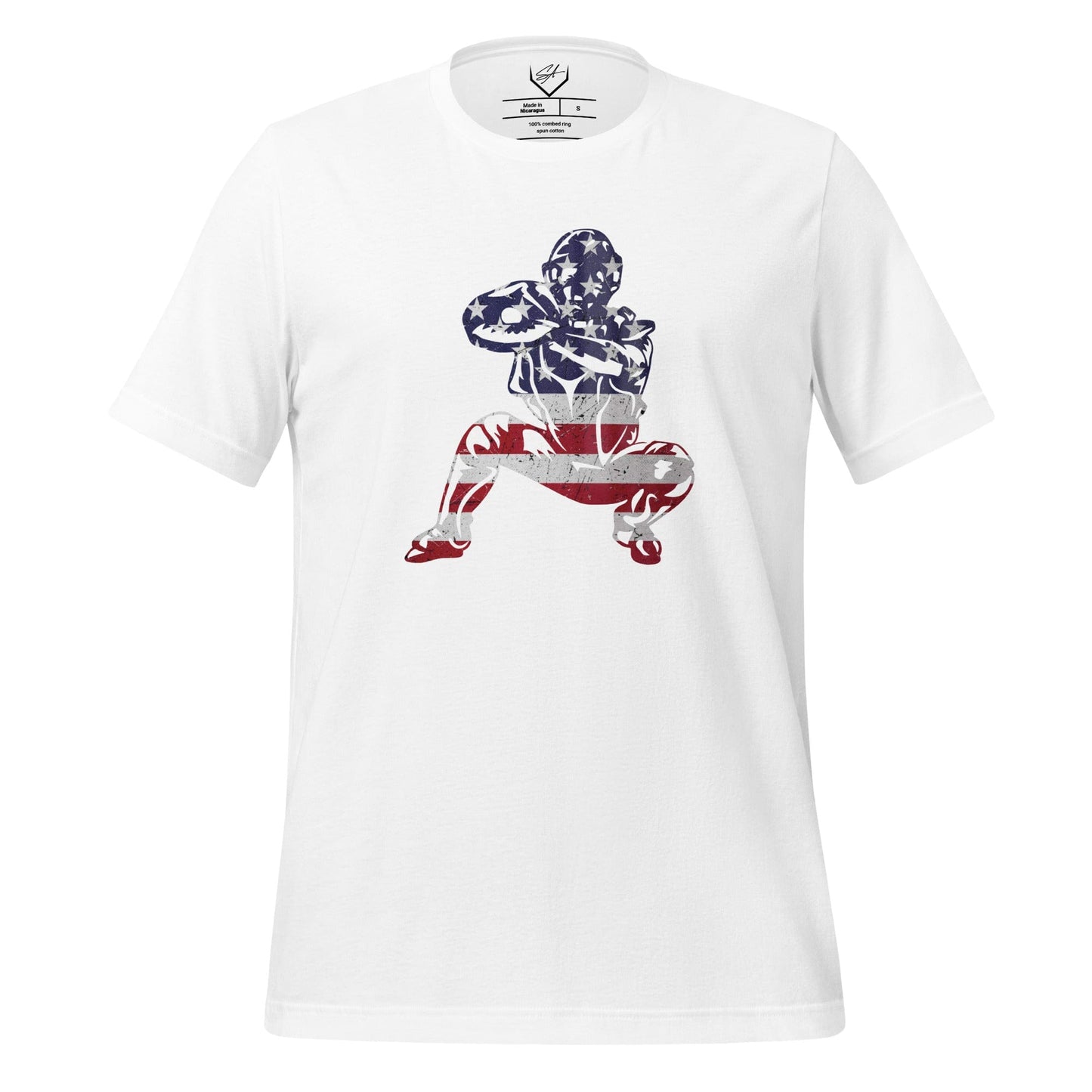 SA Apparel Adult Tee White / S / Soft Style/Cotton American Flag Baseball Catcher - Adult Tee