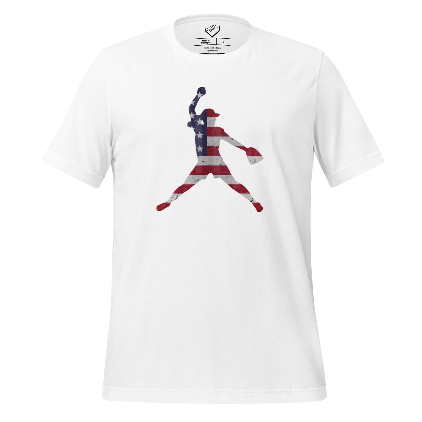 SA Apparel Adult Tee White / S / Soft Style/Cotton American Flag Softball Pitcher - Adult Tee