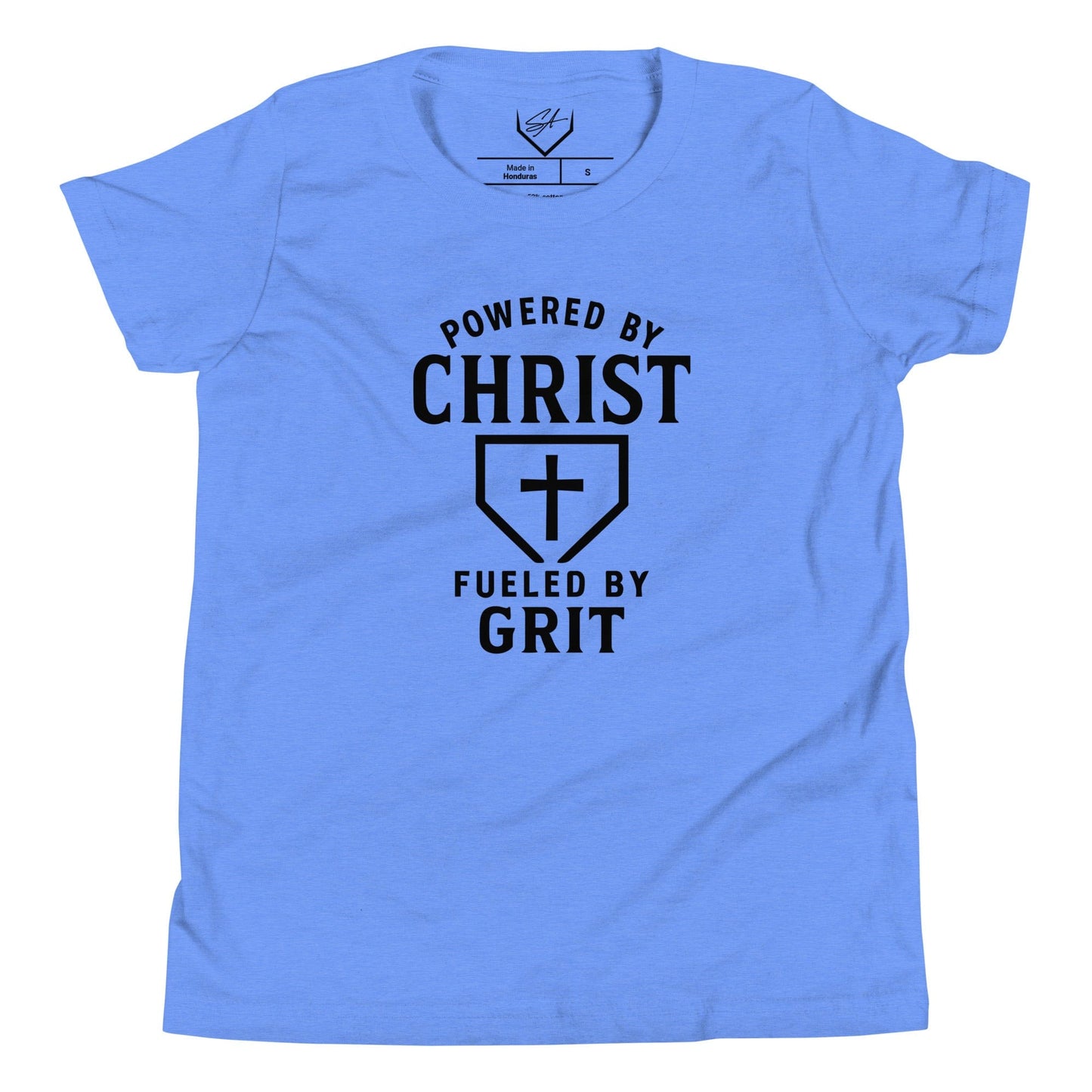 SA Apparel Youth Tee Heather Columbia Blue / S Powered By Christ, Fueled By Grit - Youth Tee
