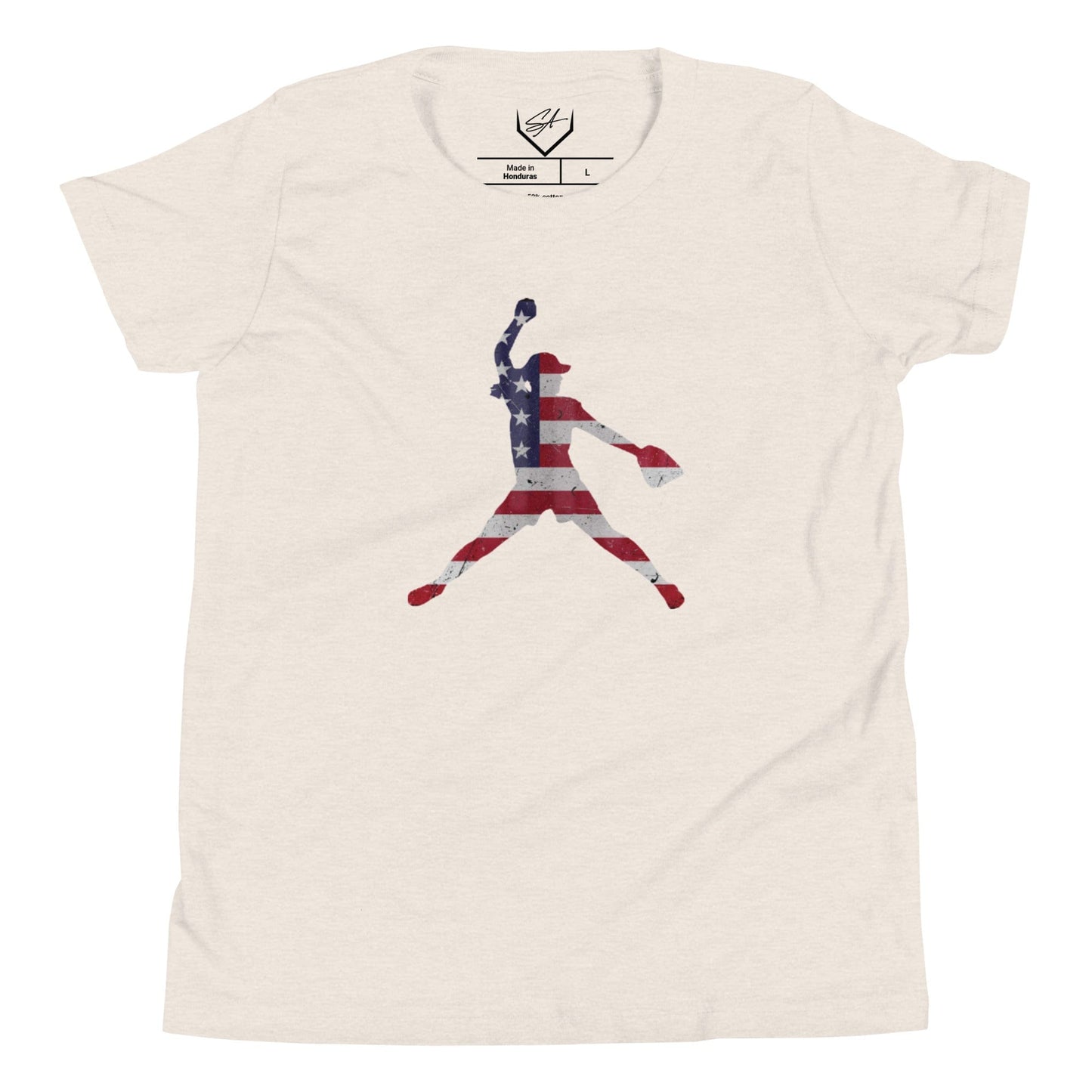 SA Apparel Youth Tee Natural / L American Flag Softball Pitcher - Youth Tee