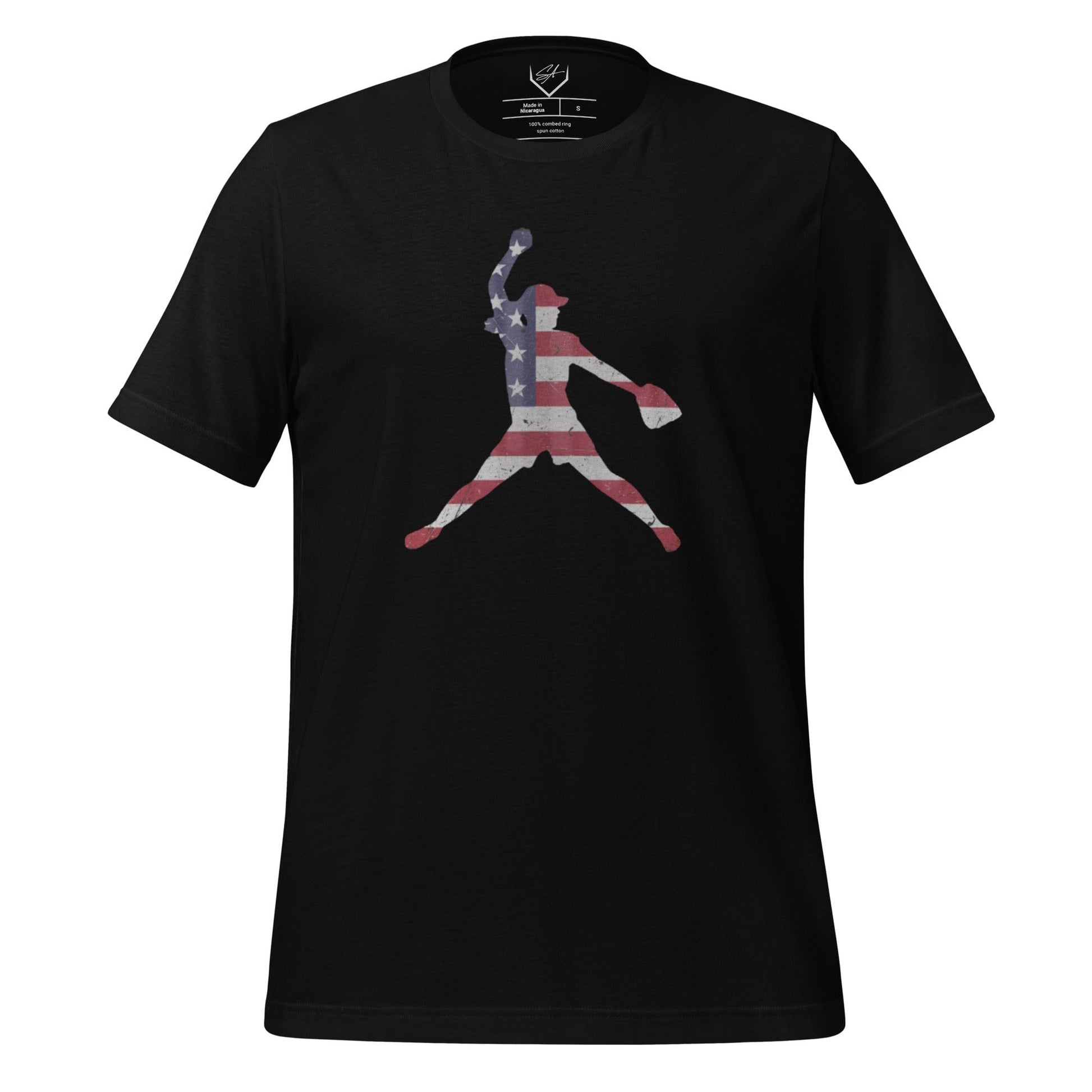 SA Apparel Adult Tee Black / S / Soft Style/Cotton American Flag Softball Pitcher - Adult Tee