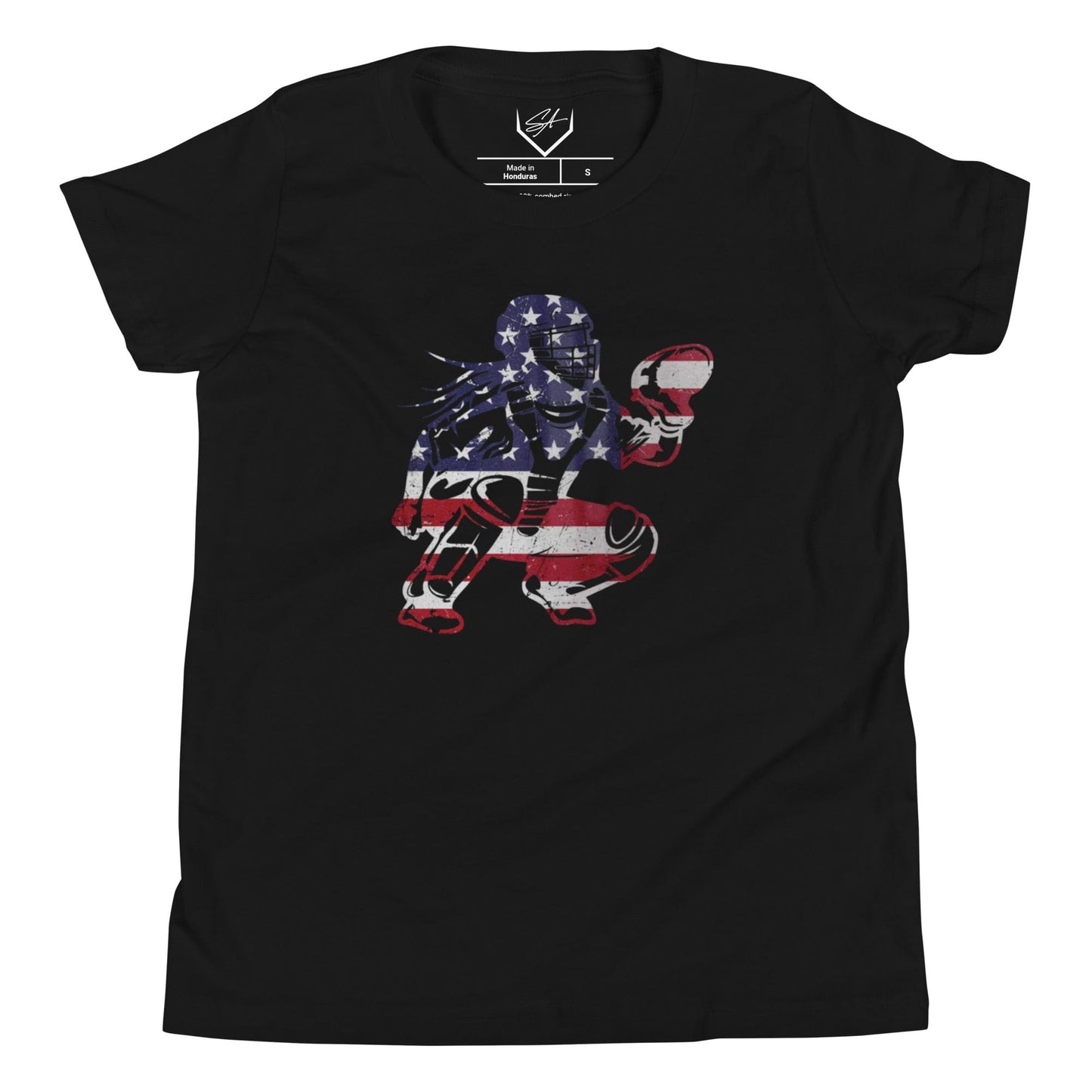 SA Apparel Youth Tee Black / S American Flag Softball Catcher - Youth Tee