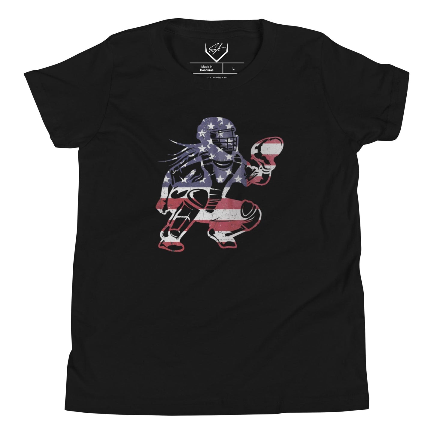 SA Apparel Youth Tee Black / L American Flag Softball Catcher - Youth Tee