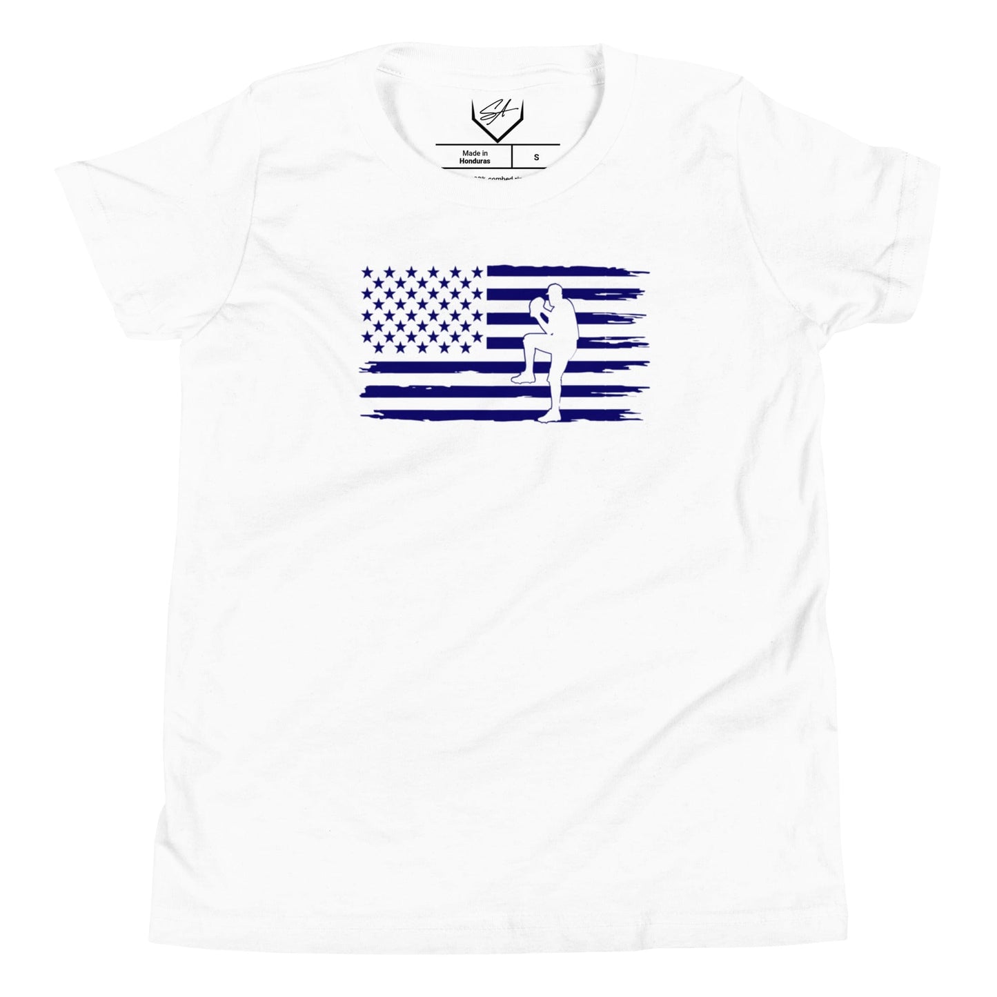 SA Apparel Youth Tee White / S Flag Baseball Pitcher Blue - Youth Tee